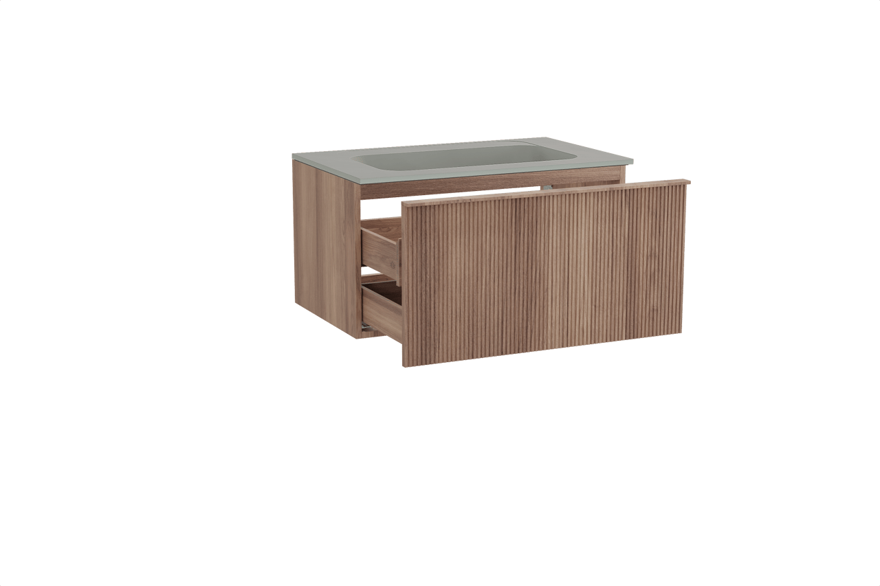 Balmani Forma hängendes Möbelstück Set: 90 x 55 cm, Teak, mit Tablo Strada Einzelwaschtisch, Marmorkomposit, Seidengrau, Vertikale symmetrische gerade Rippe