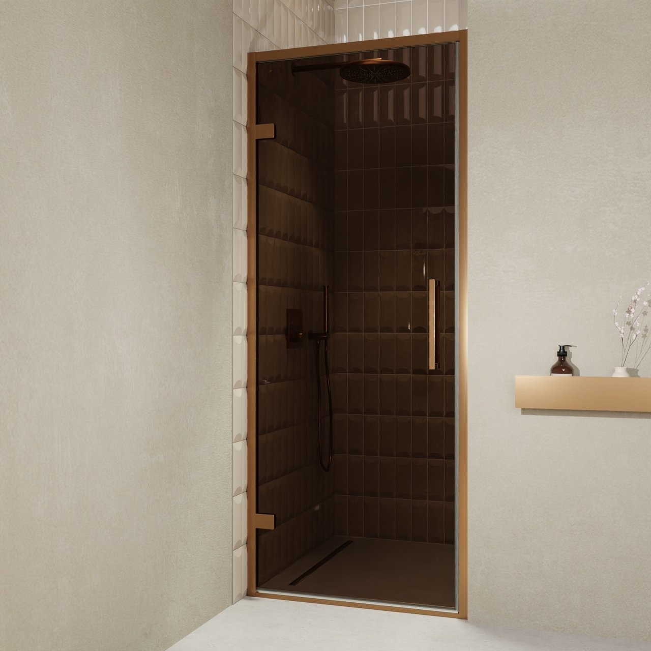 Balmani Senses Design douche draaideur links 90 cm x 210 cm Brons glas, Brushed Rosegold profielen