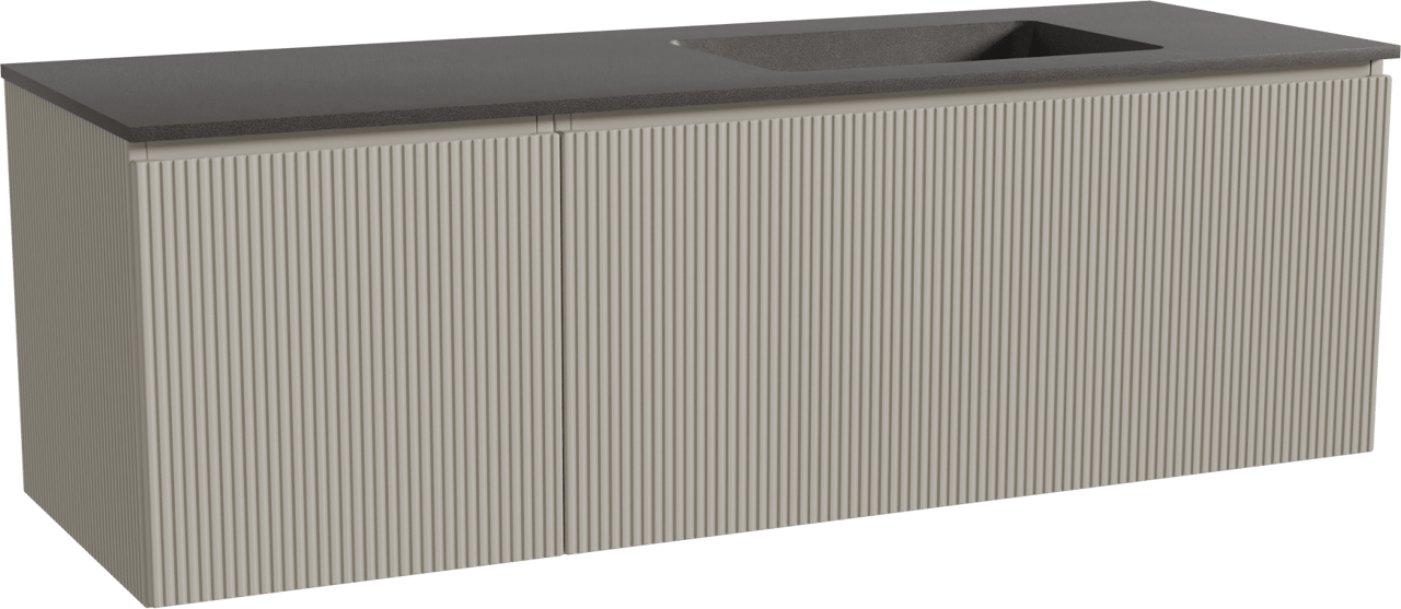 Storke Ribs meuble salle de bains suspendu 150 x 52 cm soie grise avec Scuro plan vasque asymétrique à droite en quartz noir mat, Nervure droite symétrique verticale
