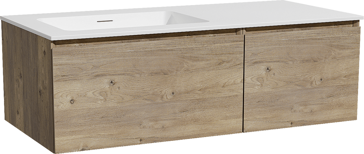 Storke Edge zwevend badmeubel 110 x 52 cm ruw eiken met Mata asymmetrisch linkse wastafel in solid surface mat wit