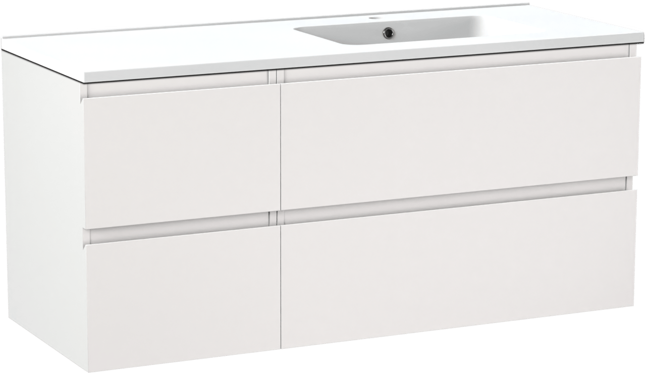 Linie Lado meuble salle de bains suspendu 120 x 46 cm blanc mat avec Vano plan vasque asymétrique à droite en marbre composite blanc mat