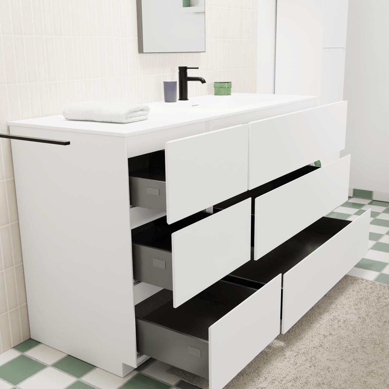 Storke Edge staand badkamermeubel 140 x 52 cm mat wit met Mata asymmetrisch rechtse wastafel in solid surface mat wit