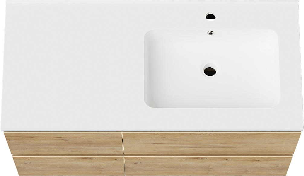 Linie Lado meuble salle de bains suspendu 100 x 46 cm chêne naturel avec Vano vasque asymétrique droite en marbre composite blanc mat