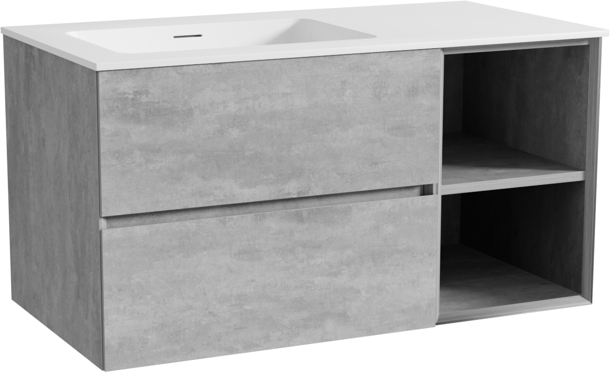 Storke Edge meuble salle de bains suspendu 100 x 52 cm béton gris foncé avec Mata plan vasque asymétrique à gauche en solid surface blanc mat