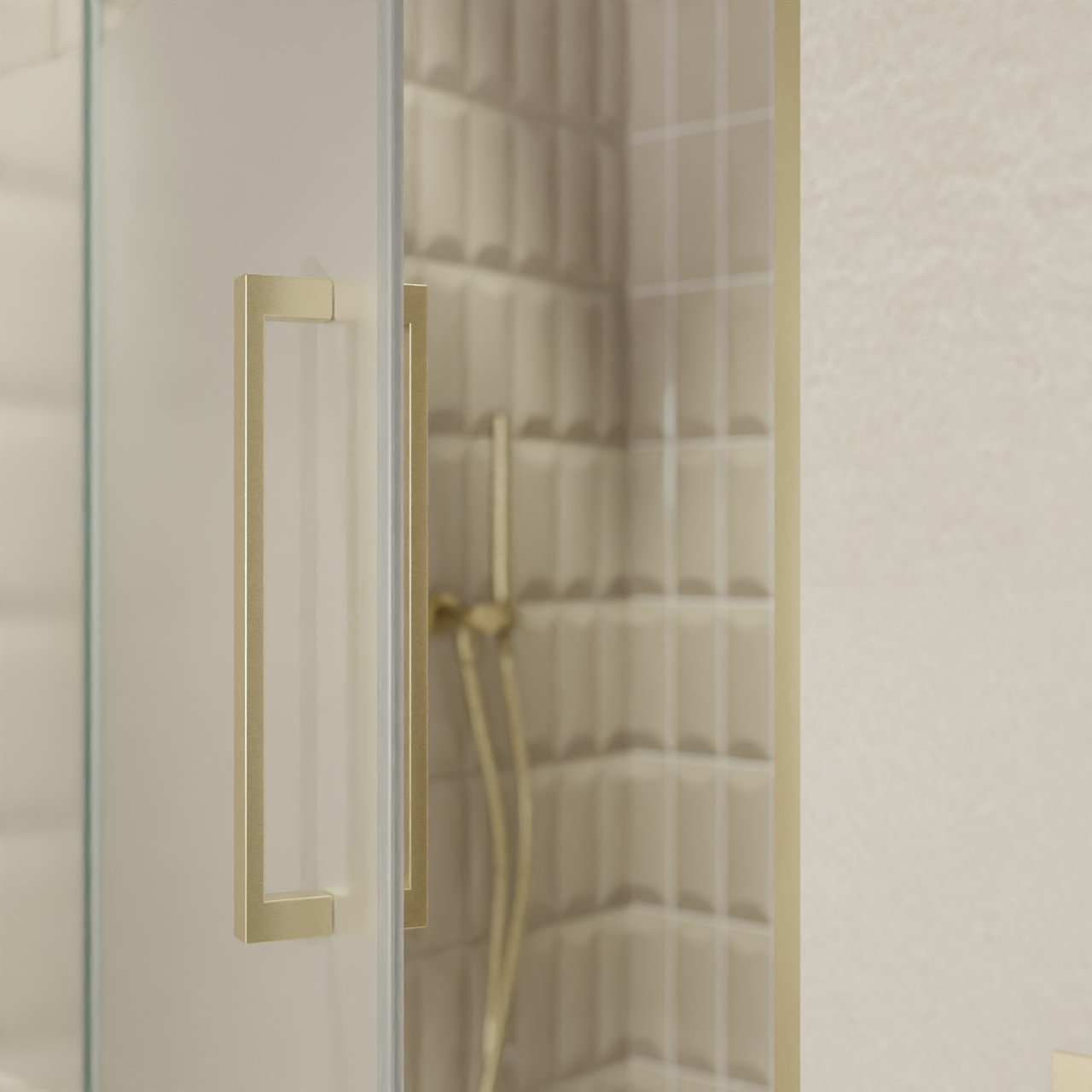 Balmani Senses Design Dusche Drehtür, Links, 100 cm x 210 cm, Klarglas mit mattiertem Streifen, Profil Brushed Champagner Gold