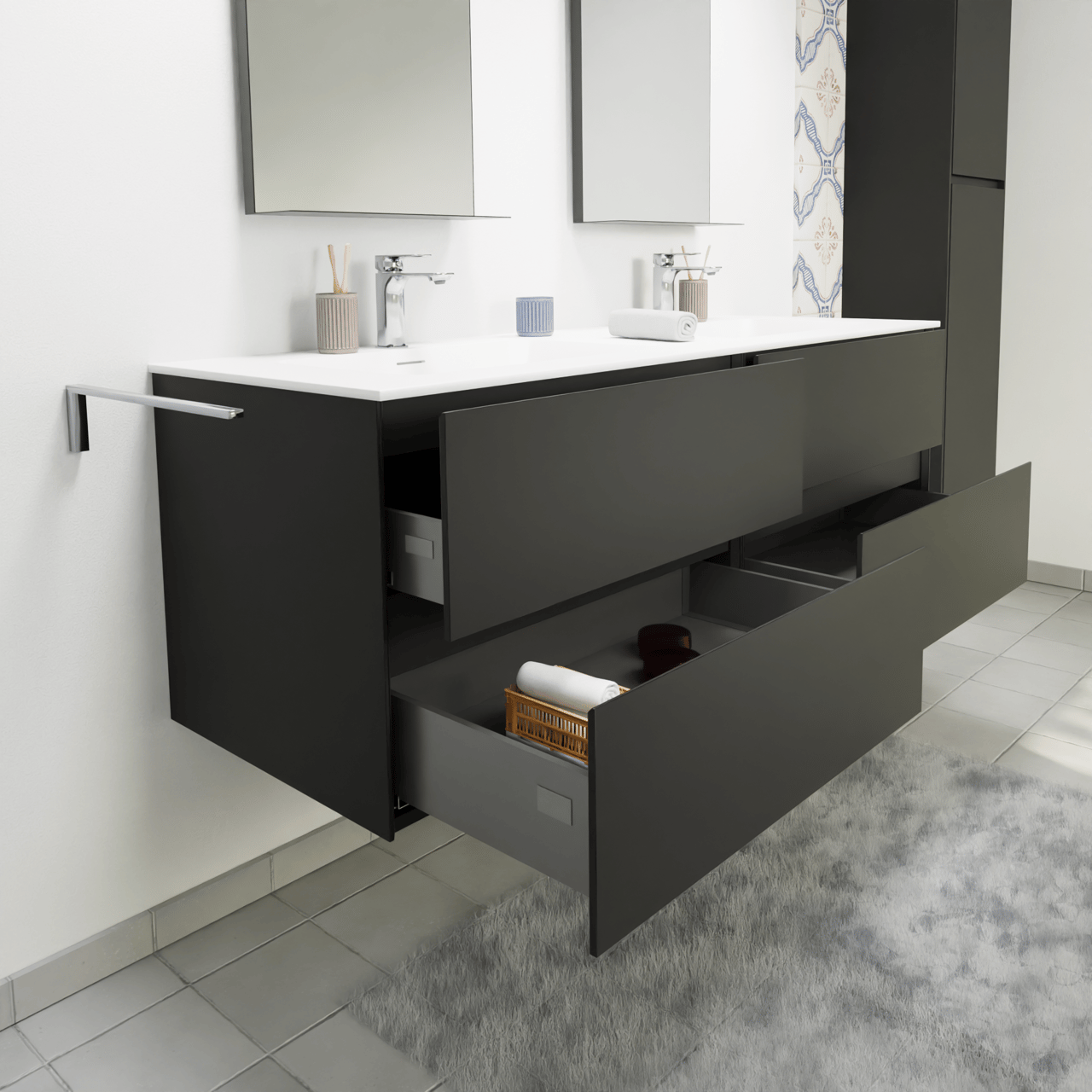 Storke Edge zwevend badkamermeubel 150 x 52 cm mat zwart met Mata dubbele wastafel in solid surface mat wit