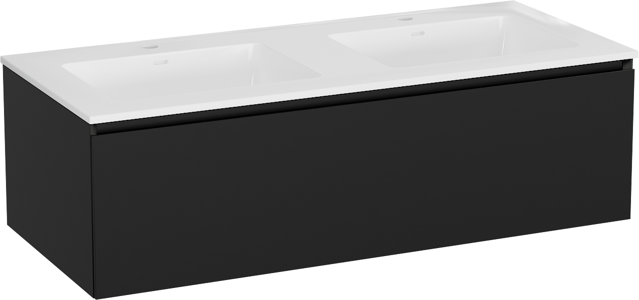 Storke Edge meuble salle de bains suspendu 120 x 52 cm noir mat avec Bilia double vasque en marbre composite blanc brillant