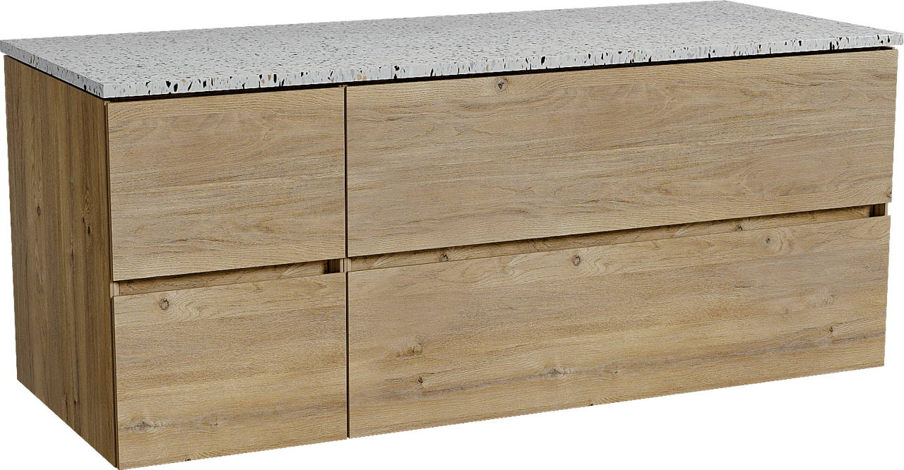 Storke Edge zwevend badmeubel 130 x 52 cm ruw eiken met Tavola enkel of dubbel wastafelblad in mat wit/zwart terrazzo