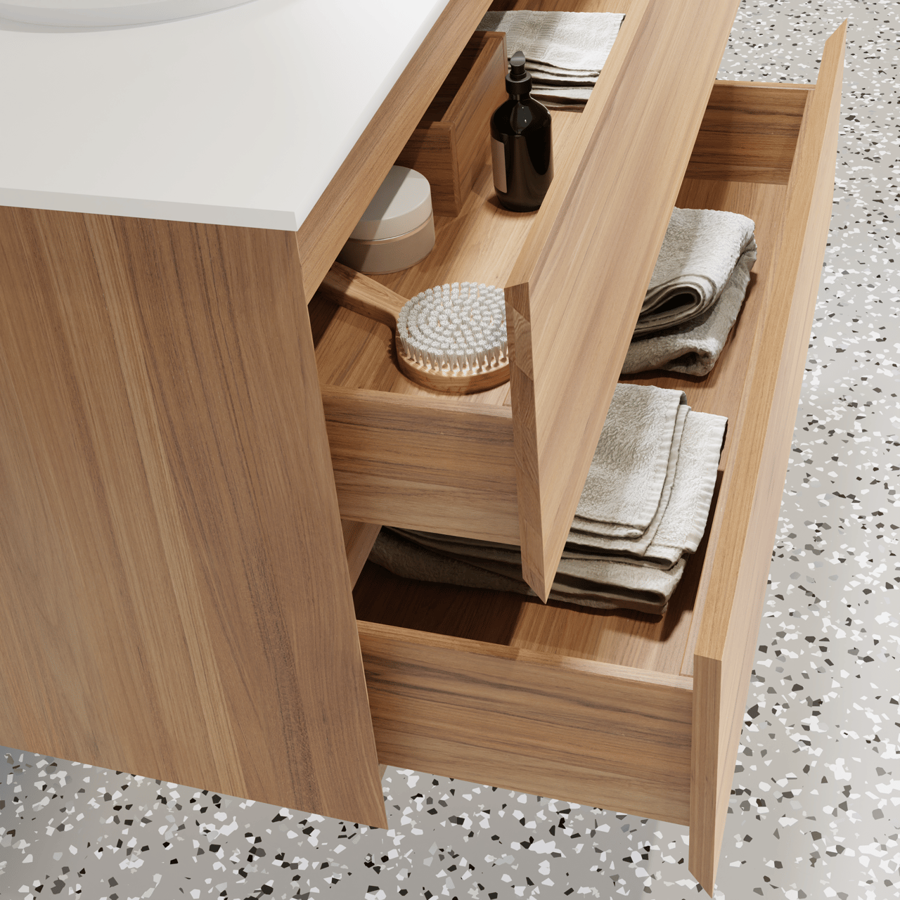 Balmani Mitra zwevend badkamermeubel 90 x 55 cm teak met Stretto enkel tablet in solid surface mat wit