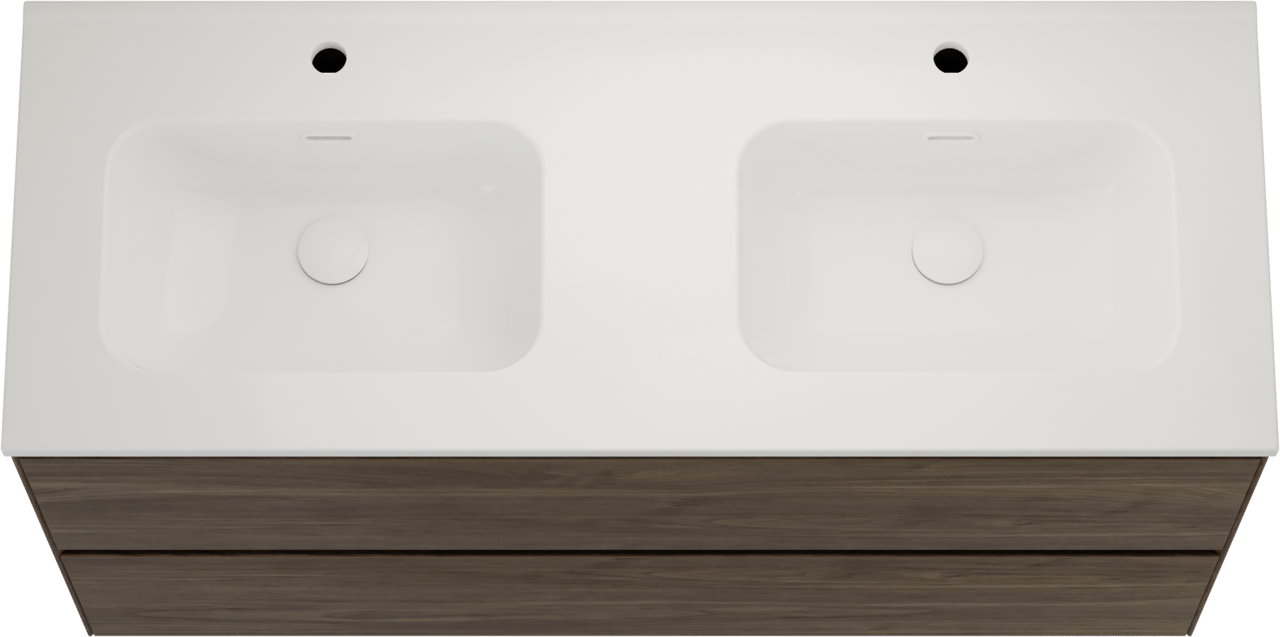 Balmani Mitra Compact meuble salle de bains suspendu 120 x 46 cm Noyer américain avec Nostra double vasque en porcelaine blanc brillant