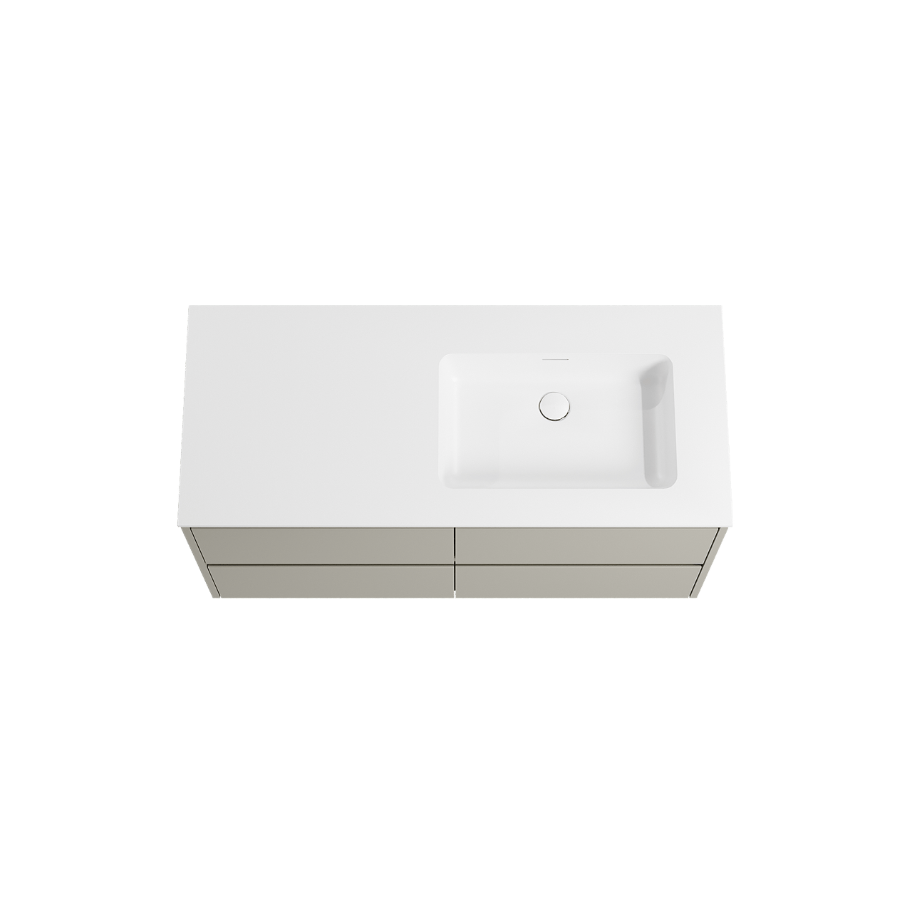 Storke Seda zwevend badkamermeubel 120 x 52 cm zijdegrijs met Mata asymmetrisch rechtse wastafel in solid surface mat wit