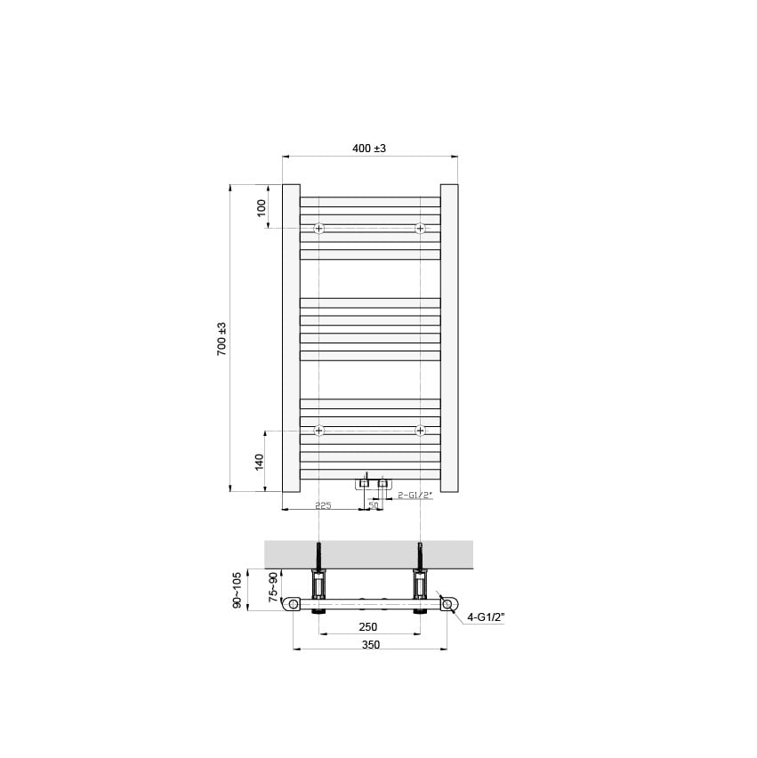 Vipera Kanza enkele handdoekradiator 40 x 70 cm centrale verwarming mat zwart zij- en middenaansluiting 322W