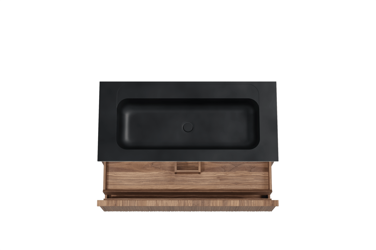 Balmani Forma meuble salle de bains suspendu 120 x 55 cm noyer américain avec Tablo Strada lavabo simple pour 2 trous de robinet en marbre composite noir mat, Nervure circulaire asymétrique verticale