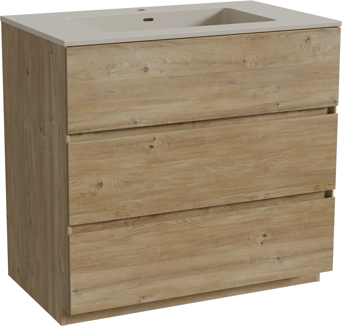 Storke Edge freistehendes Möbelstück Set: 85 x 52 cm, Rohe Eiche, mit Diva Einzelwaschtisch, Top Solid Seidengrau