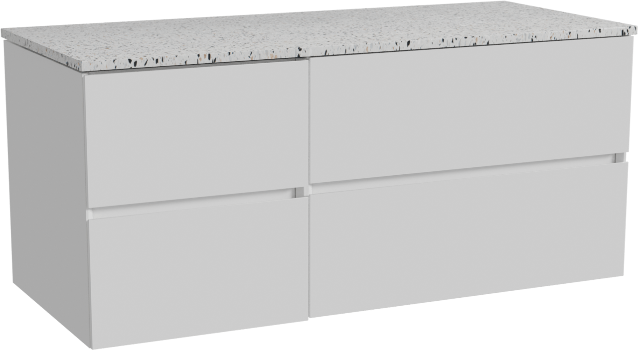 Storke Edge hängendes Möbelstück Set: 120 x 52 cm, Weiß glänzend, mit Tavola Einzel- oder Doppel Waschtischplatte, Terrazzo in Weiß/Schwarz matt