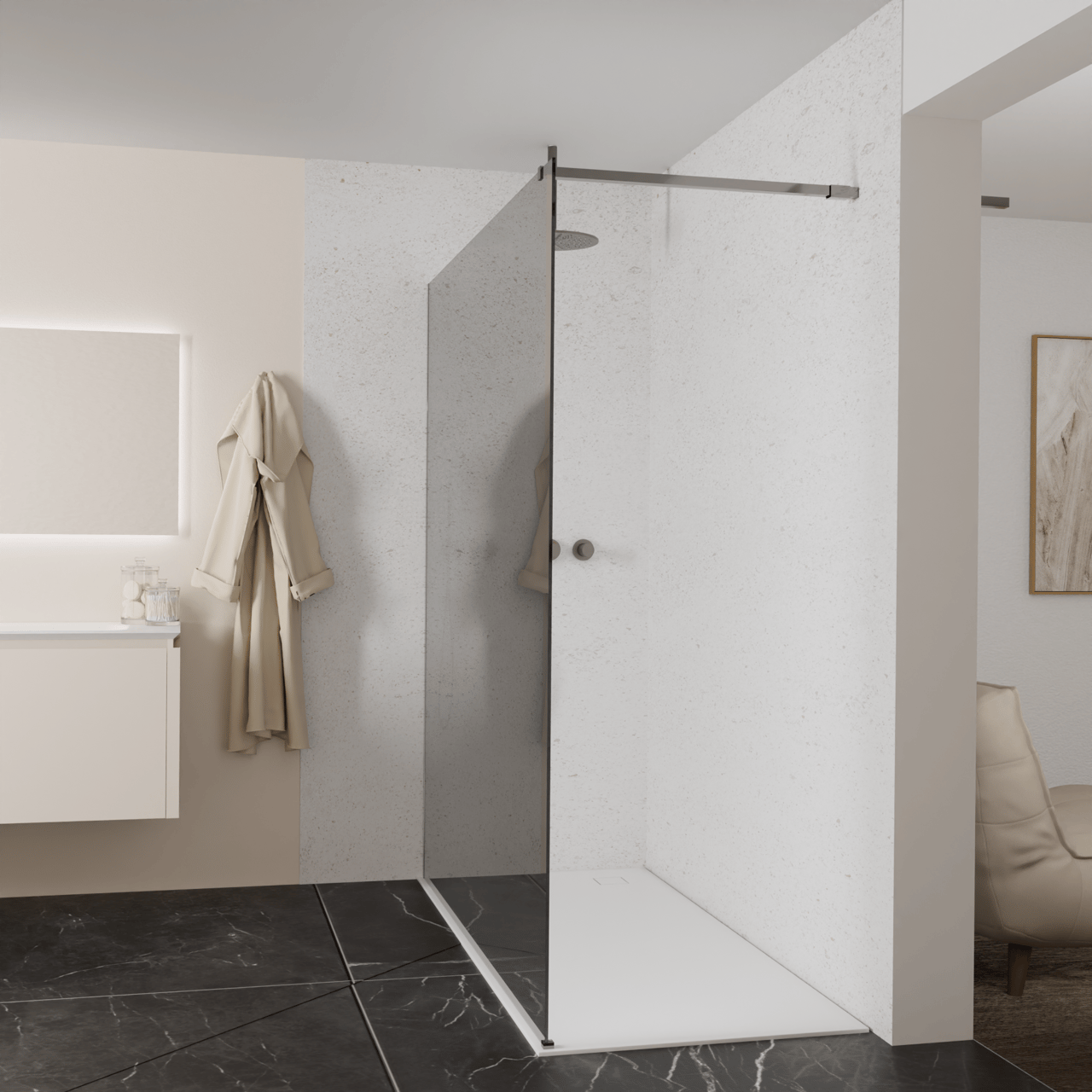 Balmani Modular douche à l'italienne: 180 x 200 cm, Miroir Reflex, avec coating, Profil Brushed GunMetal