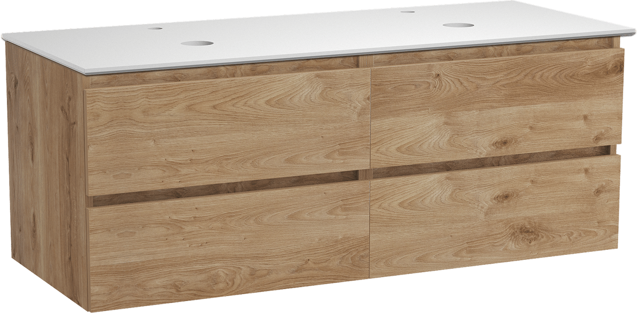 Balmani Lucida meuble salle de bains suspendu 135 x 55 cm chêne brut avec Facetta tablette double en solid surface blanc mat