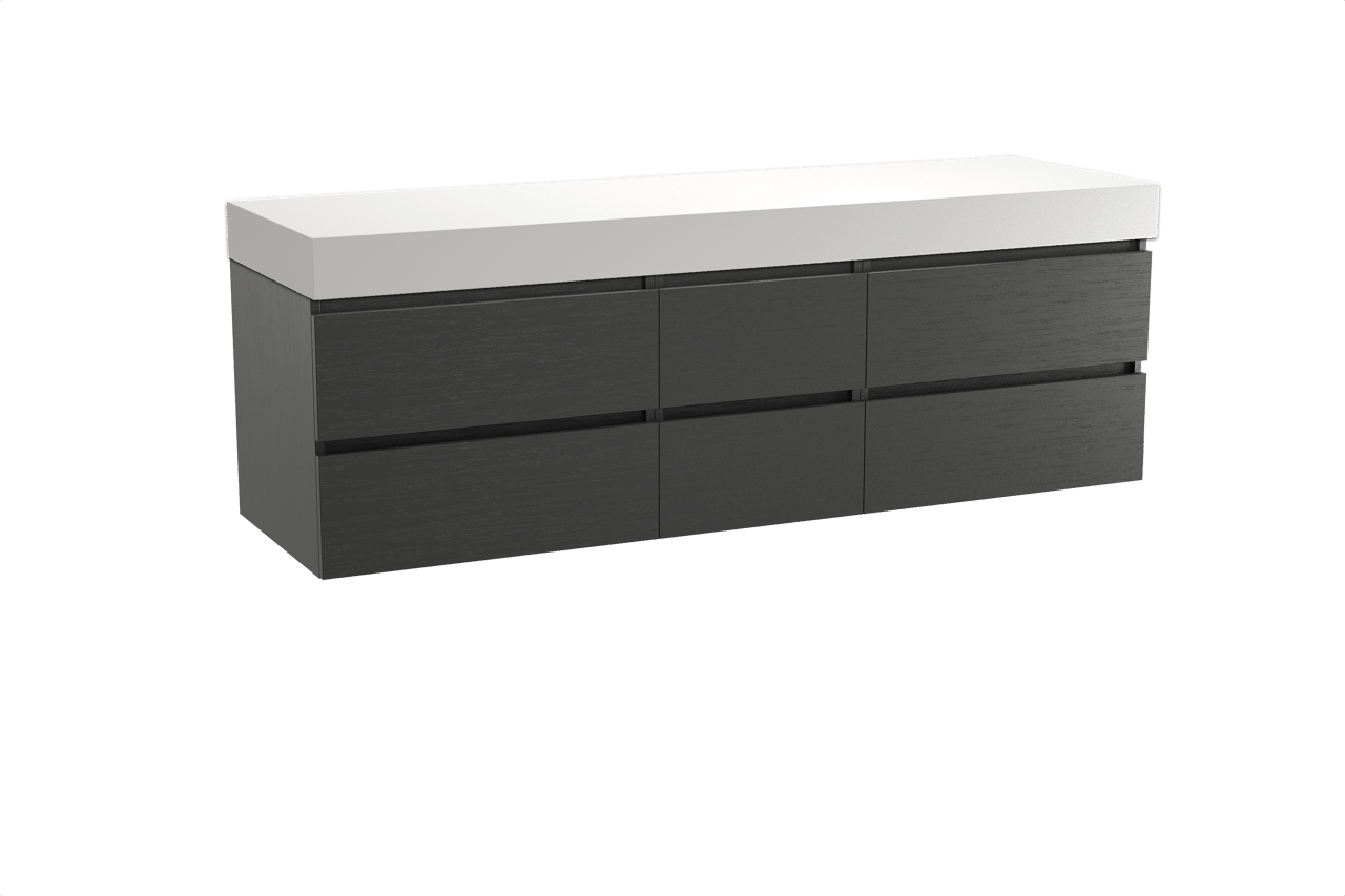 Balmani Lucida meuble salle de bains suspendu 180 x 55 cm chêne noir avec Dominus tablette simple ou double en solid surface blanc mat