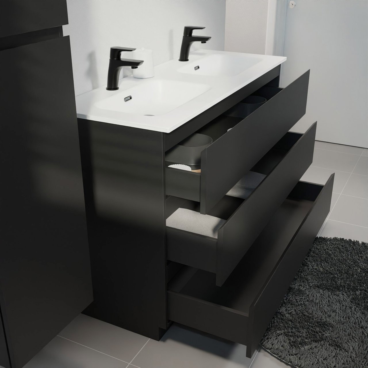 Linie Lado freistehendes Möbelstück Set: 120 x 46 cm, Schwarz matt, mit Baro Doppelwaschtisch, Porzellan Weiß matt