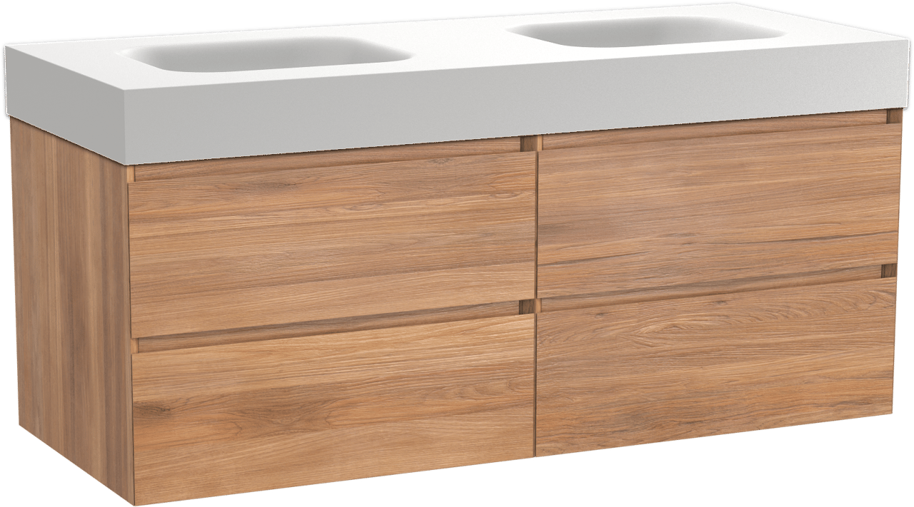 Balmani Mitra meuble salle de bains suspendu 135 x 55 cm teck avec Arcato double vasque en solid surface blanc mat