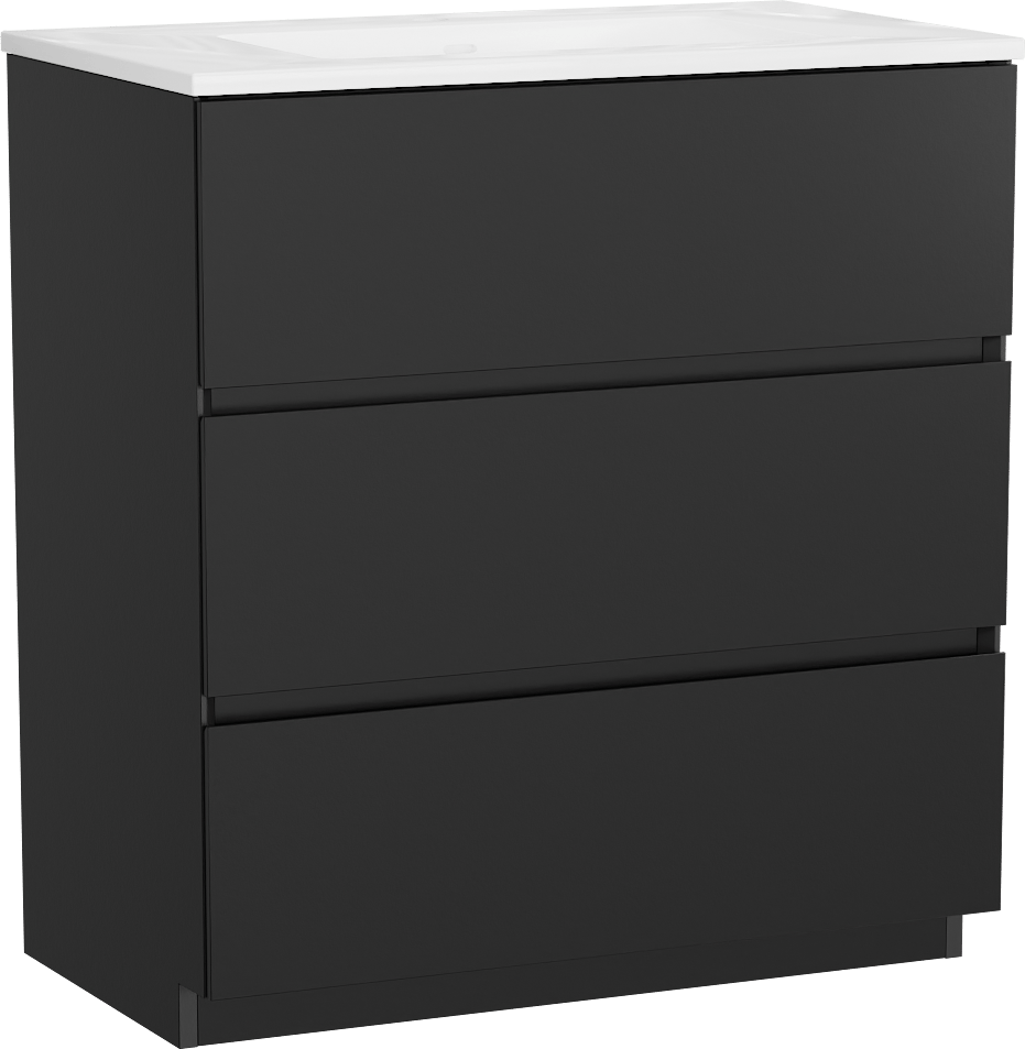 Storke Edge freistehendes Möbelstück Set: 80 x 46 cm, Schwarz matt, mit Bilia Einzelwaschtisch, Marmorkomposit Weiß glänzend