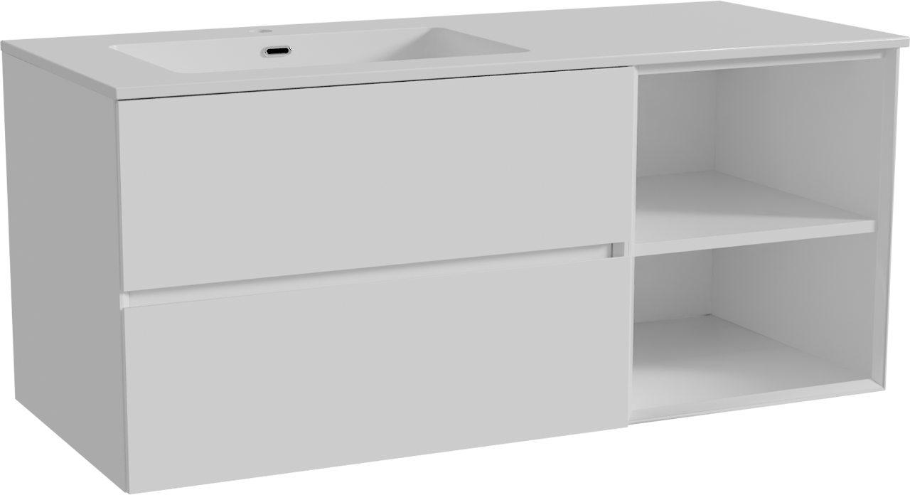 Storke Edge meuble salle de bains suspendu 120 x 52 cm blanc brillant avec Diva plan vasque asymétrique à gauche en marbre composite blanc brillant