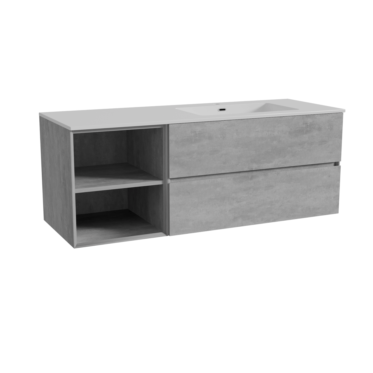 Storke Edge zwevend badkamermeubel 140 x 52 cm beton donkergrijs met Diva asymmetrisch rechtse wastafel in composietmarmer glanzend wit