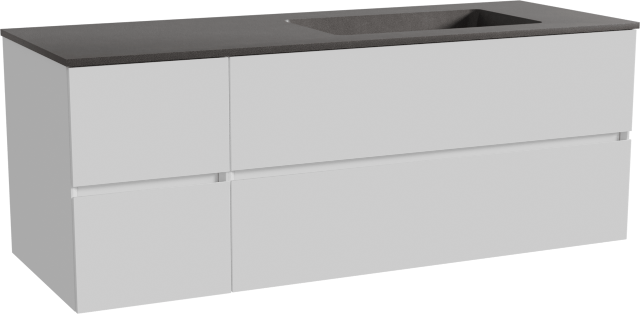 Storke Edge zwevend badmeubel 140 x 52 cm hoogglans wit met Scuro asymmetrisch rechtse wastafel in kwarts mat zwart