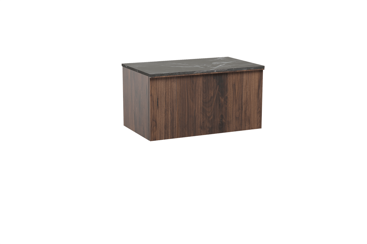 Balmani Forma hängendes Möbelstück Set: 90 x 55 cm, Amerikanischer Nussbaum, mit Stretto Einzel Waschtischplatte, Marmor, Pietra Grey, Vertikale symmetrische gerade Rippe