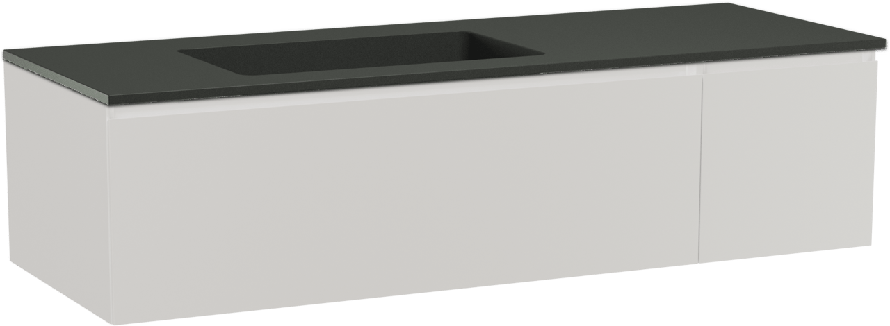 Storke Edge zwevend badmeubel 140 x 52 cm mat wit met Scuro asymmetrisch linkse wastafel in kwarts mat zwart