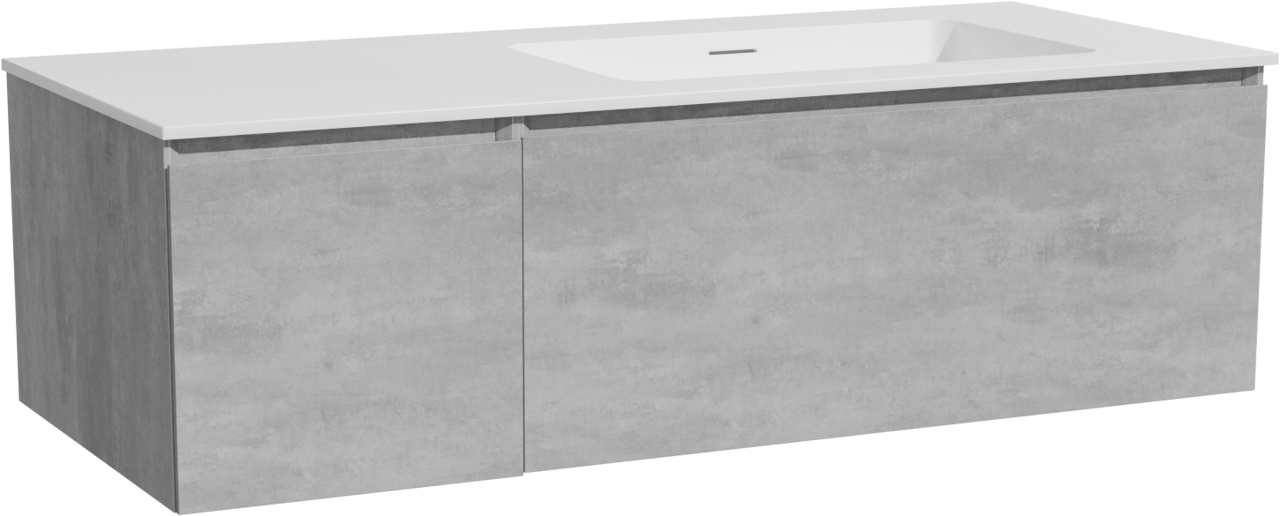Storke Edge meuble salle de bains suspendu 120 x 52 cm béton gris foncé avec Mata plan vasque asymétrique à droite en solid surface blanc mat