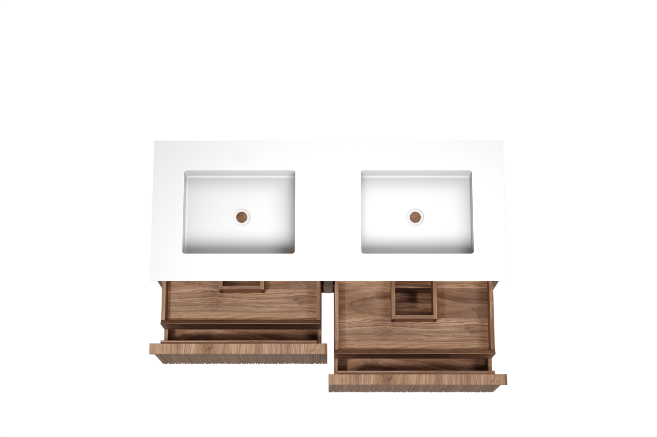 Balmani Forma zwevend badmeubel 135 x 55 cm amerikaans notenhout met Tablo Stretto dubbele wastafel in solid surface mat wit, Verticale asymmetrische ronde ribbel