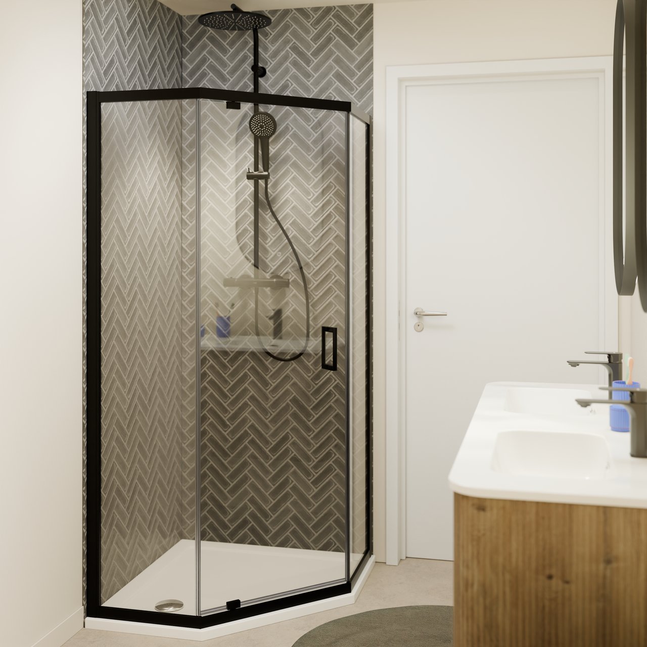 Luca Varess Vidor paroi de douche pentagone 90 x 90 cm verre transparent profil noir mat