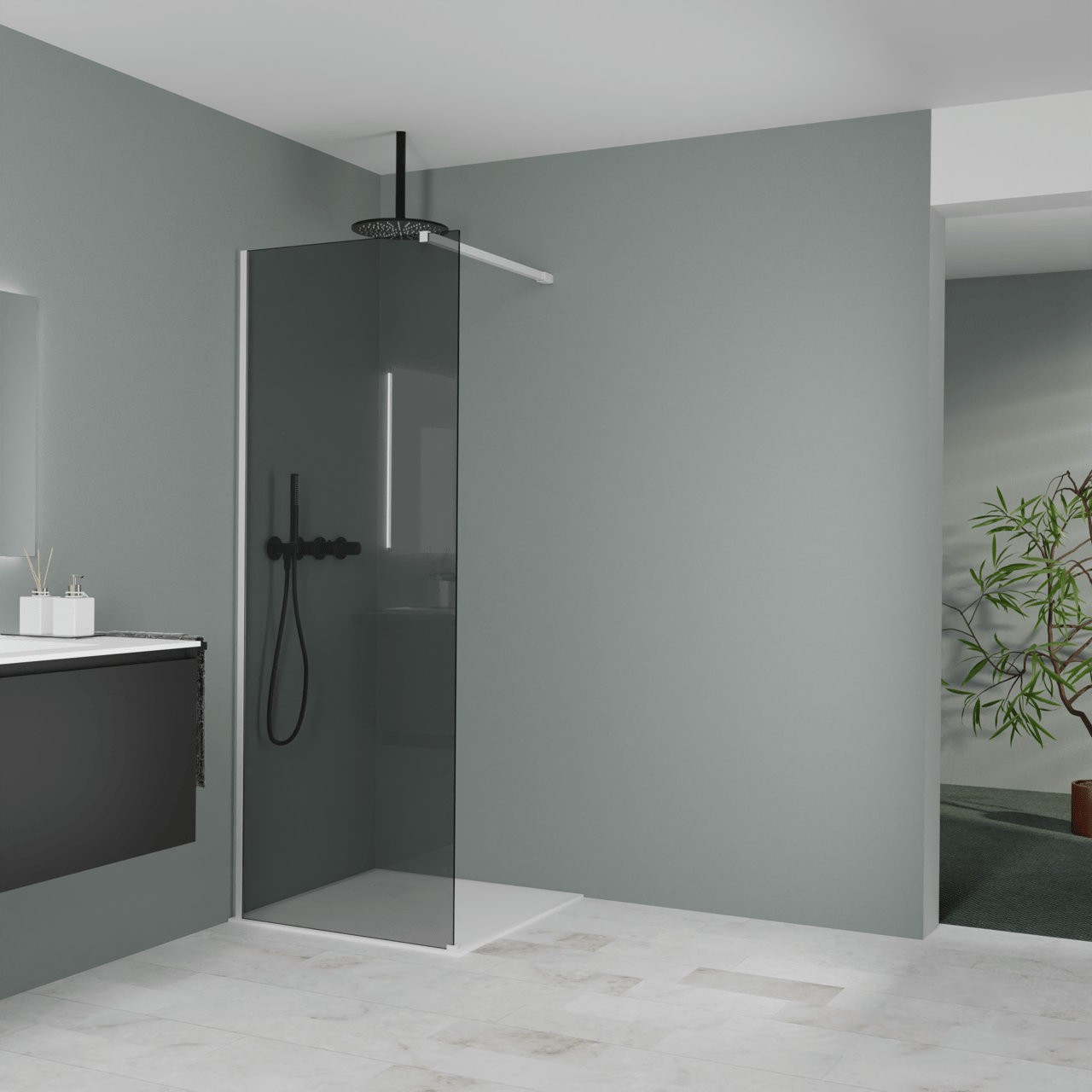 Balmani Modular inloopdouche: 80 x 200 cm, Rookglas met coating, Mat witte profielen