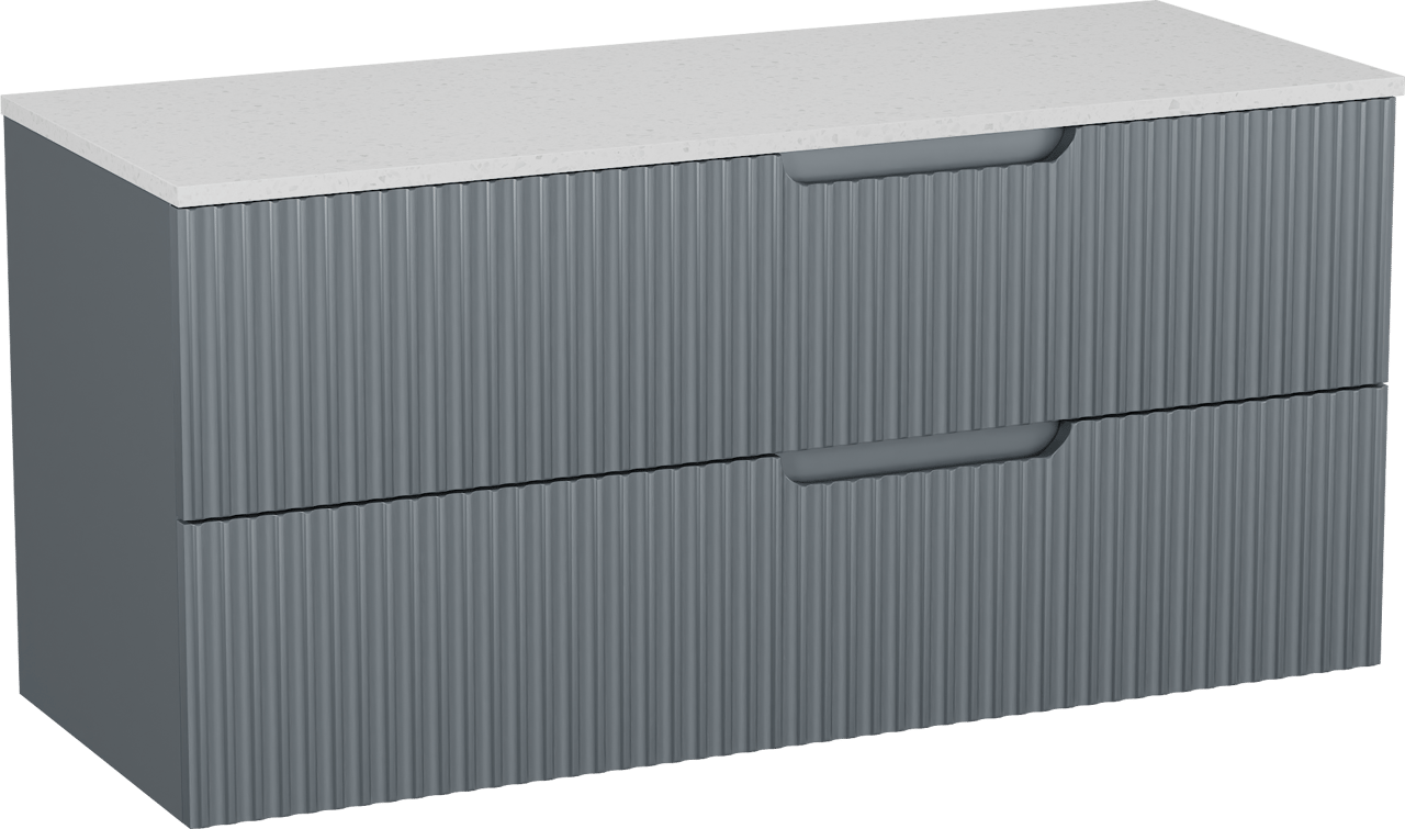 Linie Ribbo zwevend badmeubel 120 x 46 cm blauw antraciet met Lado enkel of dubbel wastafelblad in melamine terrazzo wit, Verticale symmetrische ronde ribbel