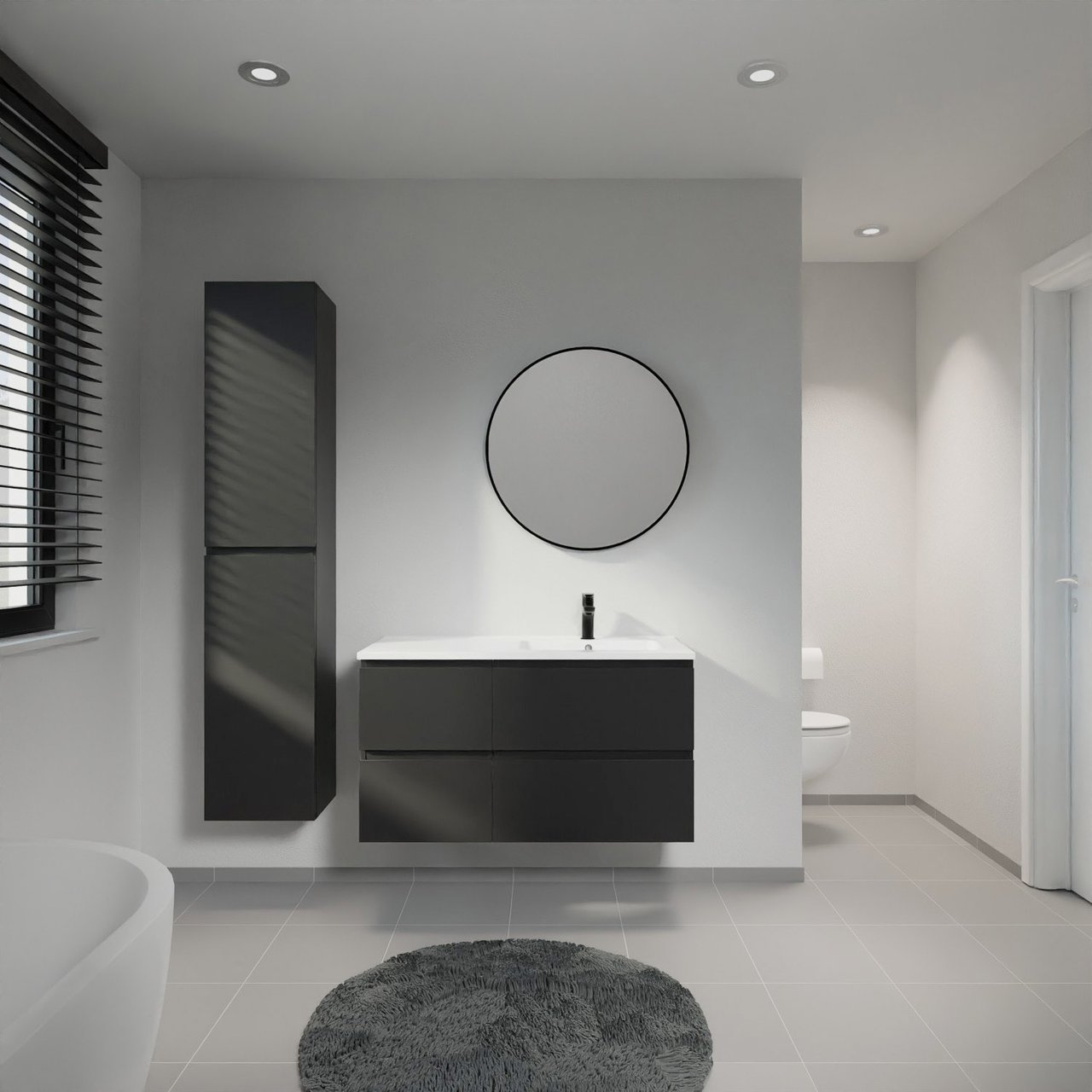 Linie Lado meuble salle de bains suspendu 100 x 46 cm noir mat avec Vano vasque asymétrique droite en marbre composite blanc brillant