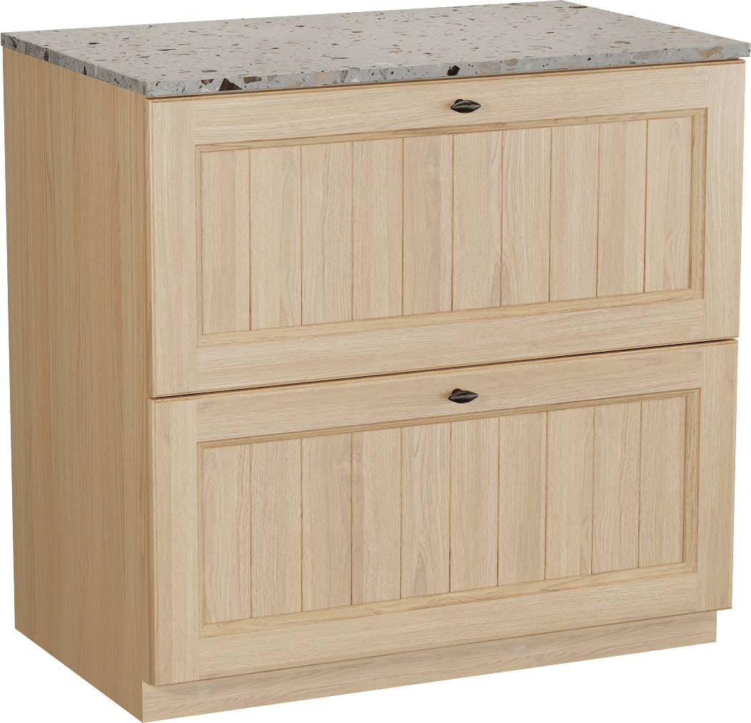 Balmani Lemon freistehendes Möbelstück Set: 90 x 55 cm, Naturbelassene Eiche Furnier, mit Stretto Einzel Waschtischplatte, Terrazzo in Greige