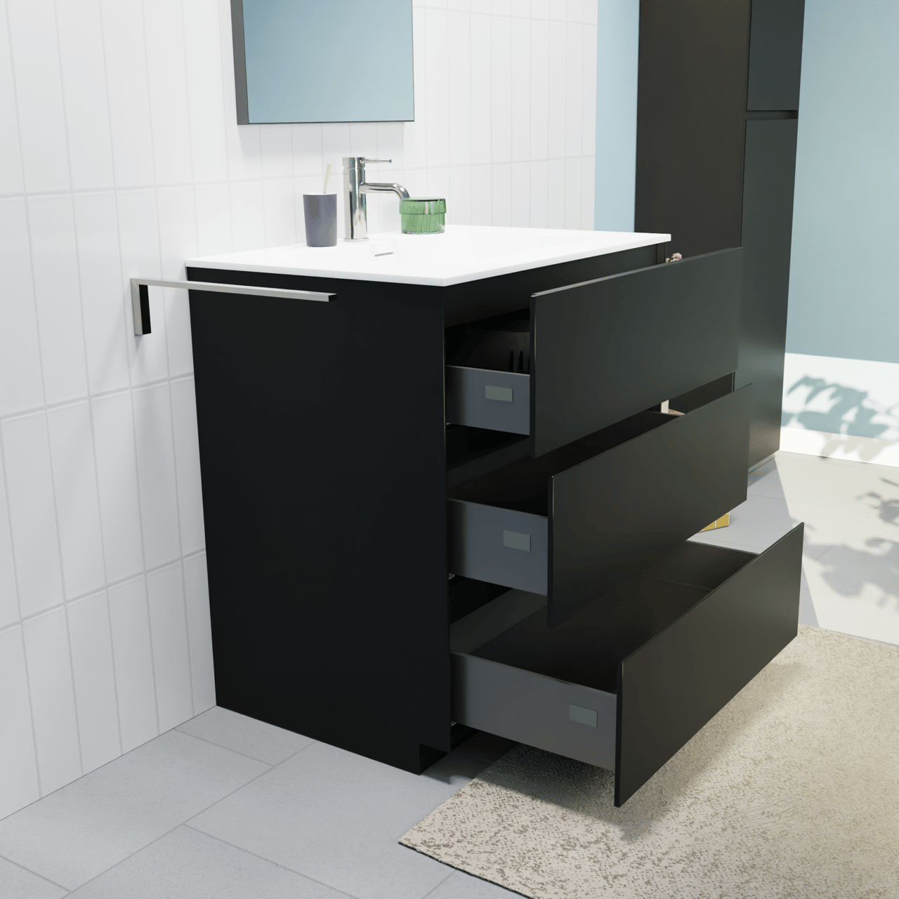 Storke Edge freistehendes Möbelstück Set: 75 x 52 cm, Schwarz matt, mit Mata Einzelwaschtisch, Solid Surface Weiß matt