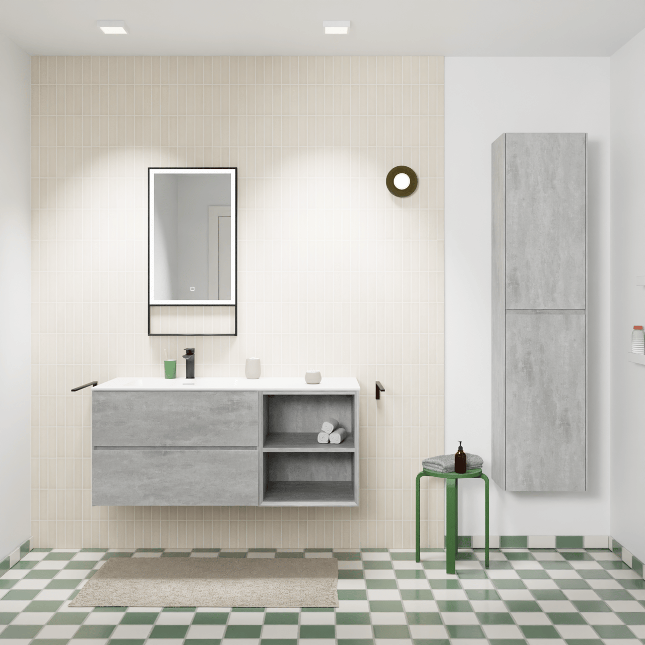 Storke Edge zwevend badkamermeubel 120 x 52 cm beton donkergrijs met Mata asymmetrisch linkse wastafel in solid surface mat wit