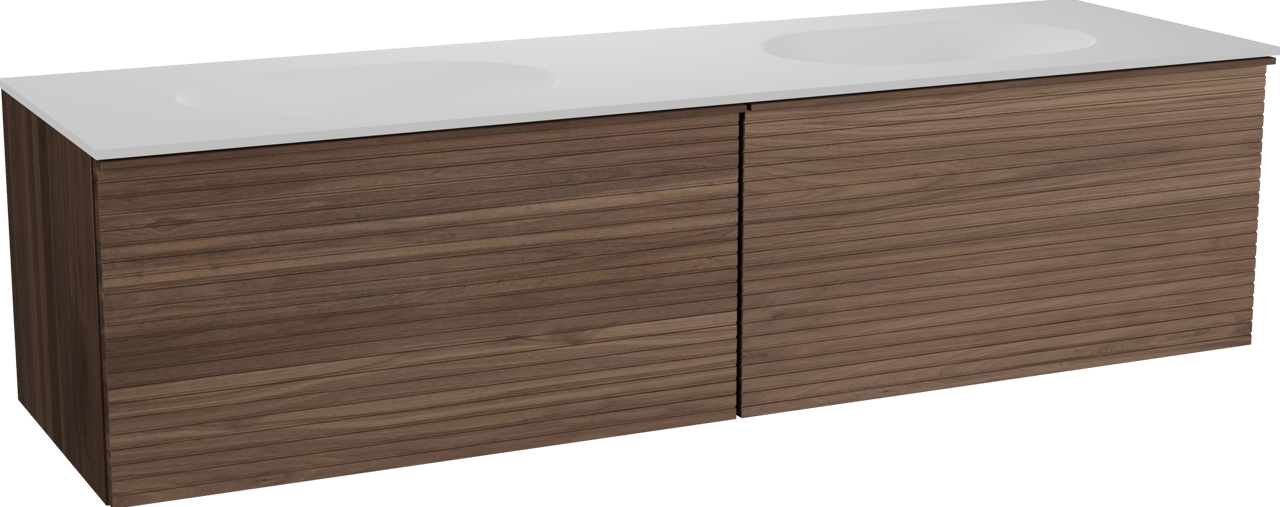 Balmani Forma zwevend badmeubel 180 x 55 cm amerikaans notenhout met Tablo Oval dubbele wastafel in solid surface mat wit, Horizontale symmetrische rechte ribbel