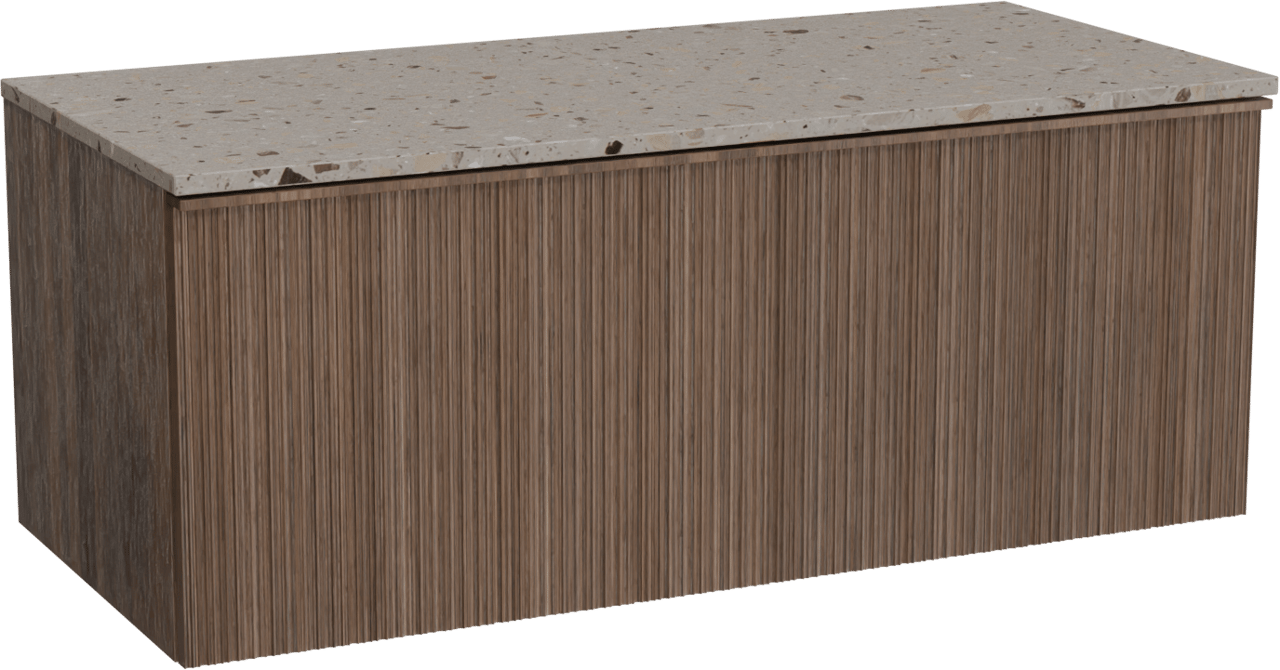 Balmani Forma meuble salle de bains suspendu 120 x 55 cm noyer américain avec Stretto tablette simple ou double en terrazzo greige terrazzo, Nervure circulaire asymétrique verticale