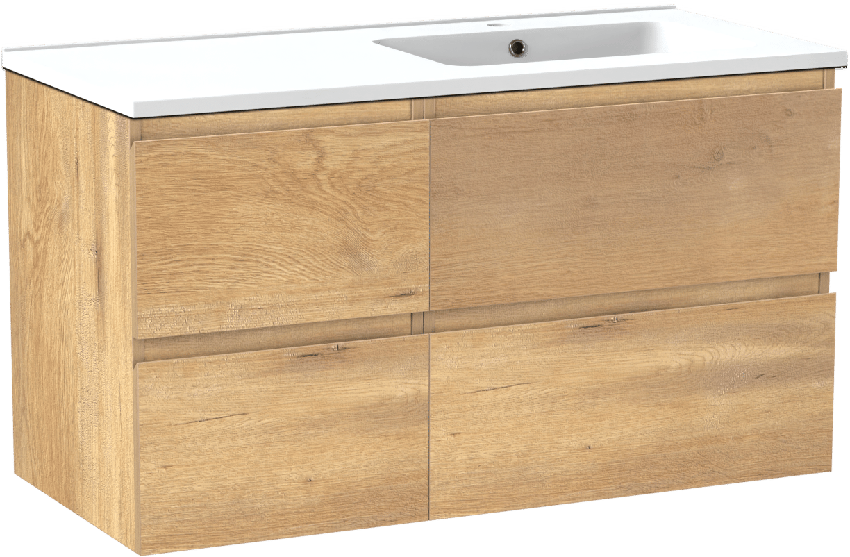 Linie Lado meuble salle de bains suspendu 100 x 46 cm chêne naturel avec Vano vasque asymétrique droite en marbre composite blanc mat