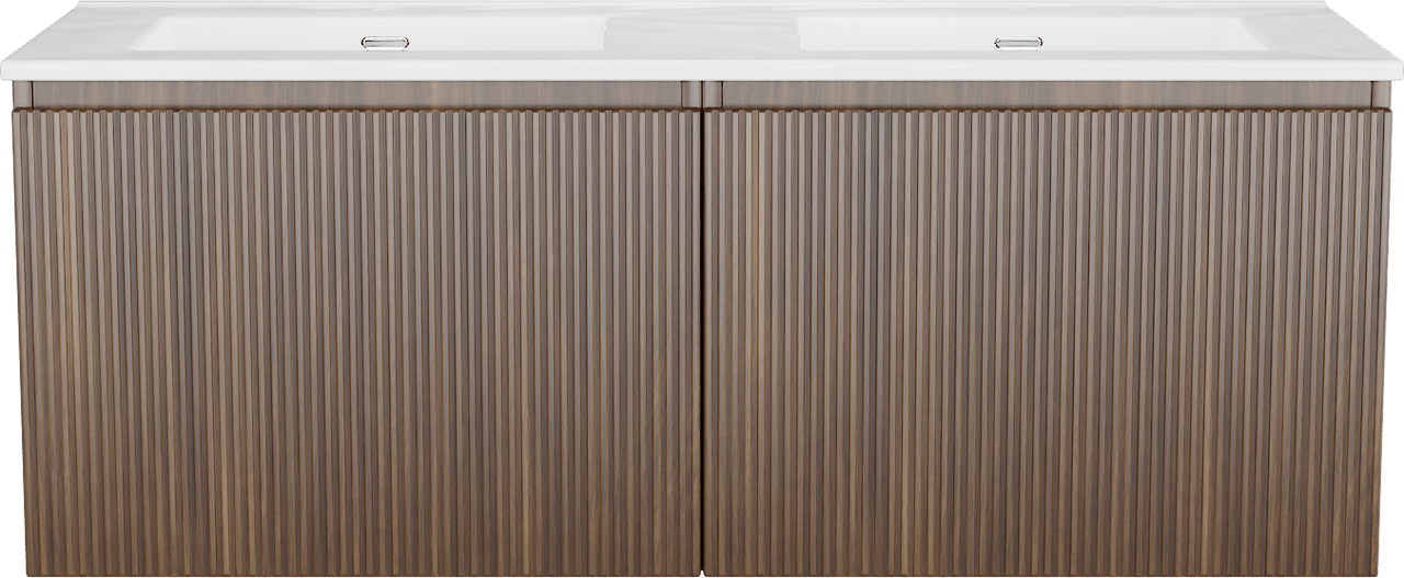 Storke Ribs meuble salle de bains suspendu 130 x 52 cm noyer avec Kera double vasque en porcelaine blanc brillant, Nervure droite symétrique verticale, bondes incluses