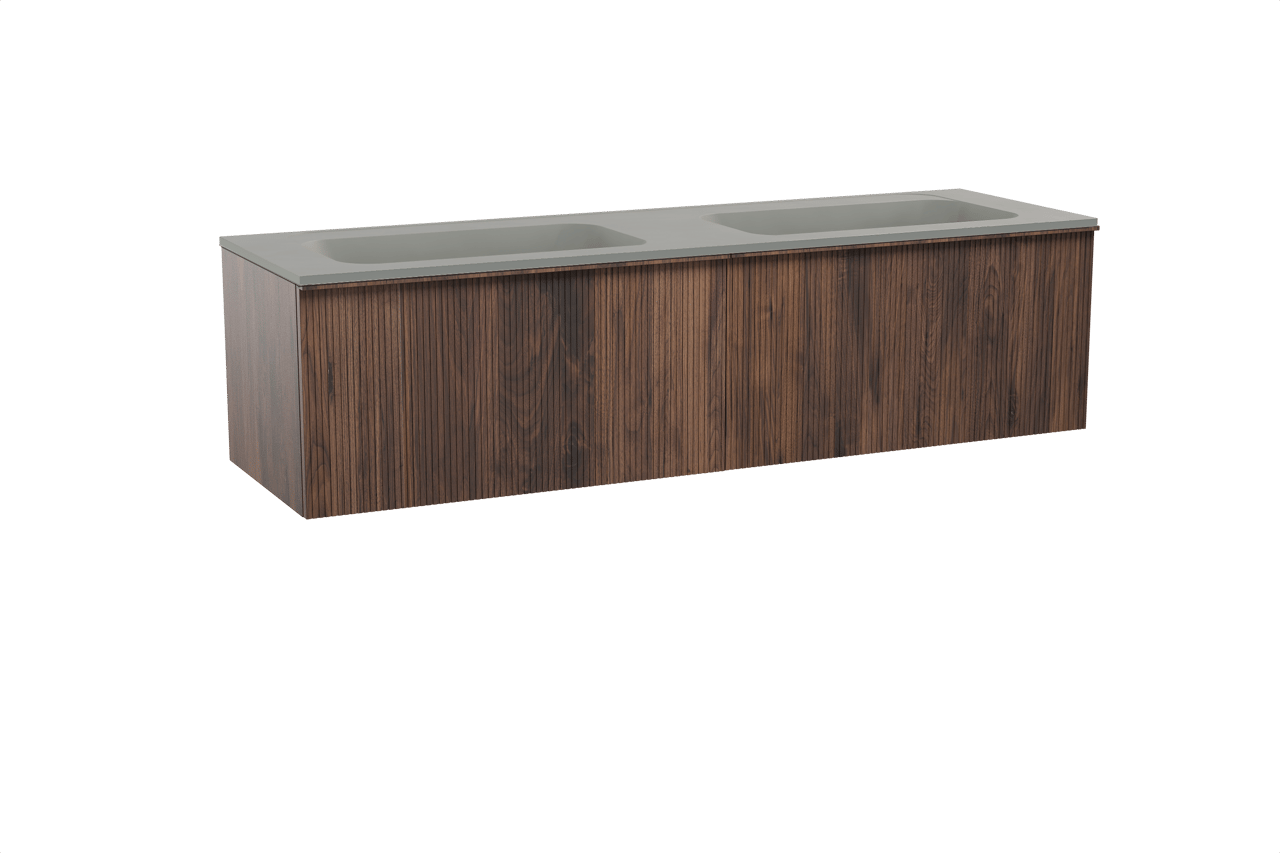 Balmani Forma zwevend badmeubel 180 x 55 cm amerikaans notenhout met Tablo Strada dubbele wastafel in composietmarmer zijdegrijs, Verticale symmetrische rechte ribbel