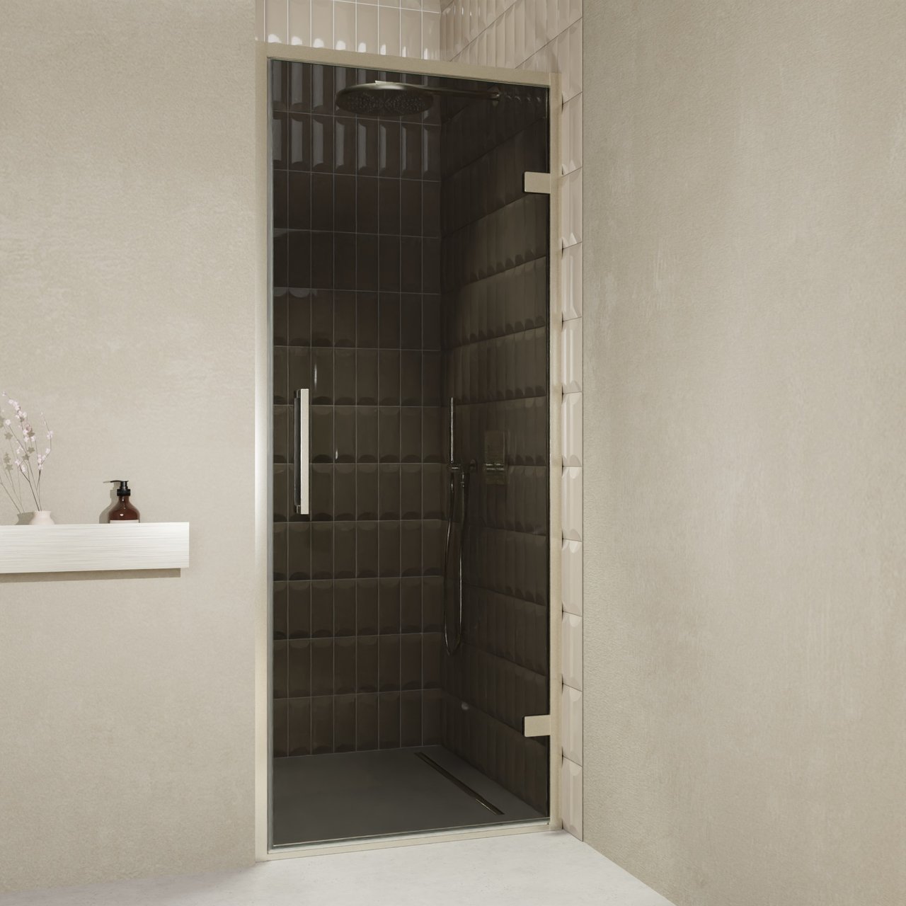 Balmani Senses Design Dusche Drehtür, Rechts, 90 cm x 210 cm, Rauchglas, Profil Brushed CoolMetal