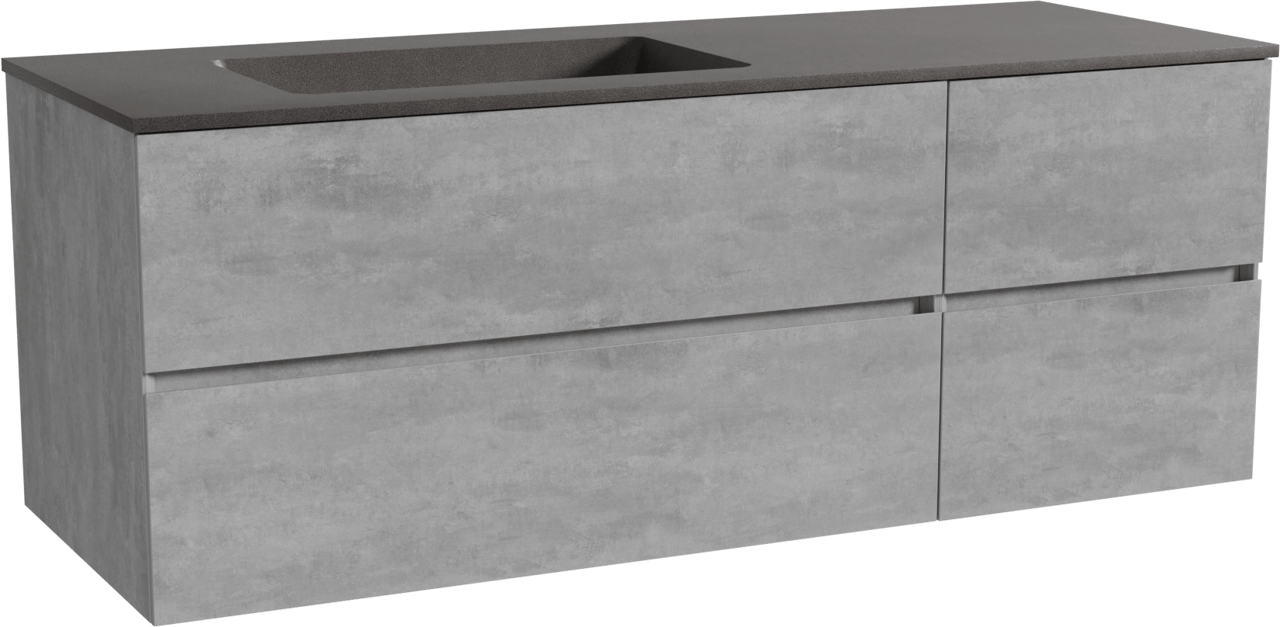 Storke Edge zwevend badmeubel 140 x 52 cm beton donkergrijs met Scuro asymmetrisch linkse wastafel in kwarts mat zwart