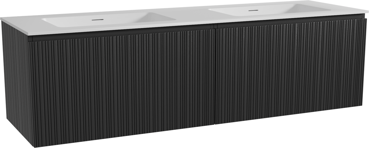Storke Ribs zwevend badmeubel 170 x 52 cm zwart eiken met Mata dubbele wastafel in solid surface mat wit, Verticale asymmetrische rechte ribbel