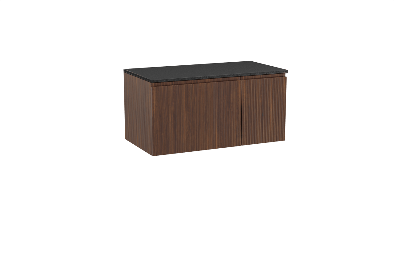 Storke Ribs zwevend badmeubel 100 x 52 cm notenhout met Panton enkel wastafelblad in gepoedercoate mdf mat zwart, Verticale symmetrische rechte ribbel