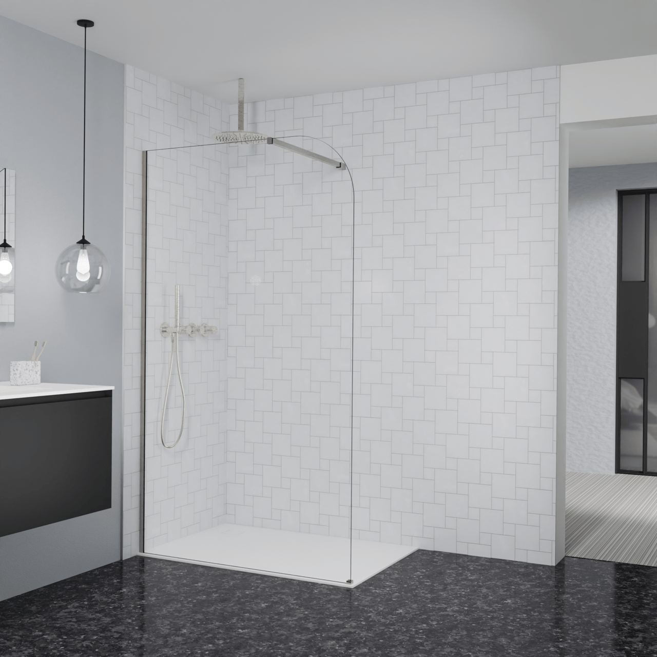Balmani Modular douche à l'italienne: 120 x 200 cm, Verre transparent arrondi, Profil Brushed CoolMetal