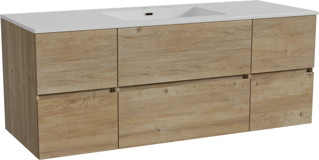 Storke Edge zwevend badmeubel 135 x 52 cm ruw eiken met Diva enkele wastafel in composietmarmer hoogglans wit